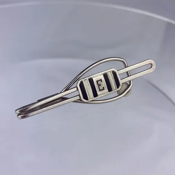 E Initial Silver Tone Tie Clip Bar White Black Enamel Retro Vintage O1