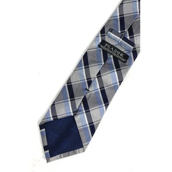 Jos A Bank 100% Silk Navy Blue Monochrome Classic Plaid and Stripes Tie Men's