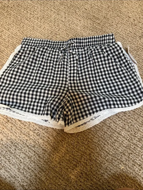 Old Navy Black and White Gingham Lace-Trim High-Waist Shorts