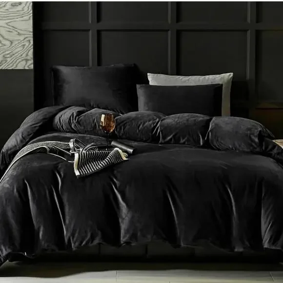 🆕 Black Velvet Duvet Set King Luxury Bedding Hotel Style Moody Cozy Soft Velour