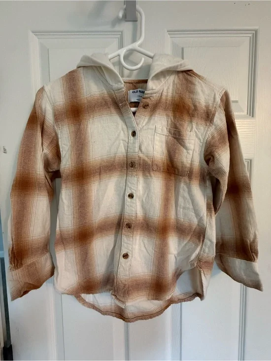 Old Navy Kids Hooded Plaid Button-Down Shirt - Cream & Brown