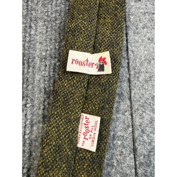 Rooster Vintage Mens Virgin Wool Skinny Tie Olive Green Woven Square End 2 Inch