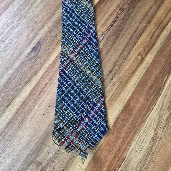 Scottish Croft Weave Neck Tie Mens Blue Plaid Wool Heritage Dark Academia Frayed