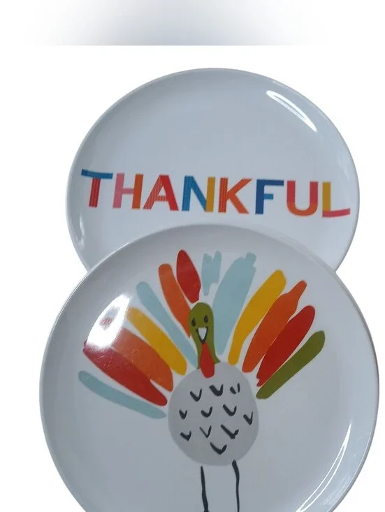 Set Of 4 Crate & Barrel Melamine Plates Thanksgiving Turkey & Thankful Design