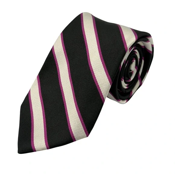 IZOD 100% Repp Silk Necktie Mens Black White Pink Diagonal Stripe 59