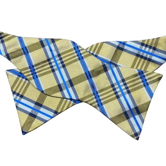Tommy Hilfiger Mens Yellow Blue Plaid Silk‎ Self Tie Bow Tie Adjustable