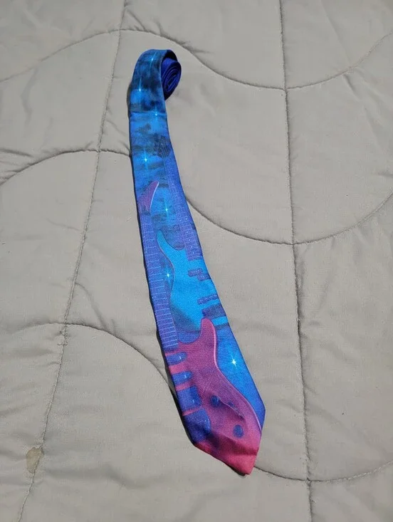 Vintage 1990s Ralph Marlin Blue & Purple Electric Guitar Print Necktie