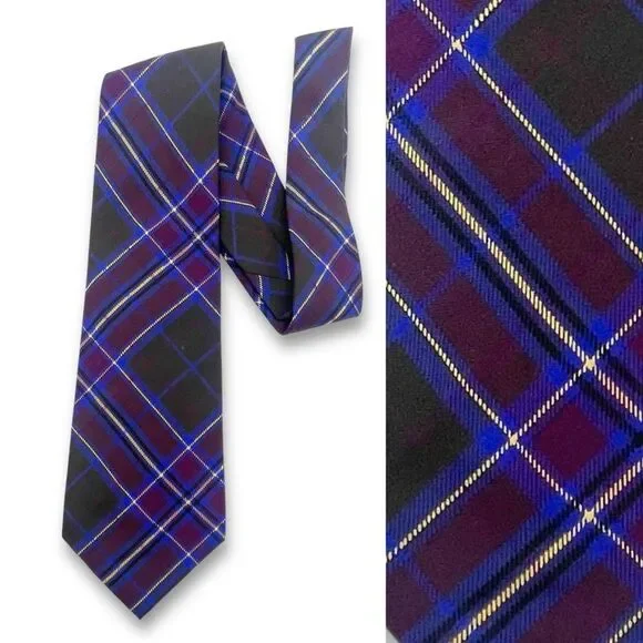 Polo Ralph Lauren Silk Tie Sporty Prep Navy Plum Black Plaid Classic Necktie