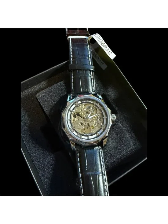 Invicta Automatic Objet D Art 46mm Skeleton Watch Men's Black Leather Strap