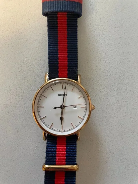 Burei Men’s Watch 41mm Rose Gold Tone Case Blue/Red NATO Band White Dial A15