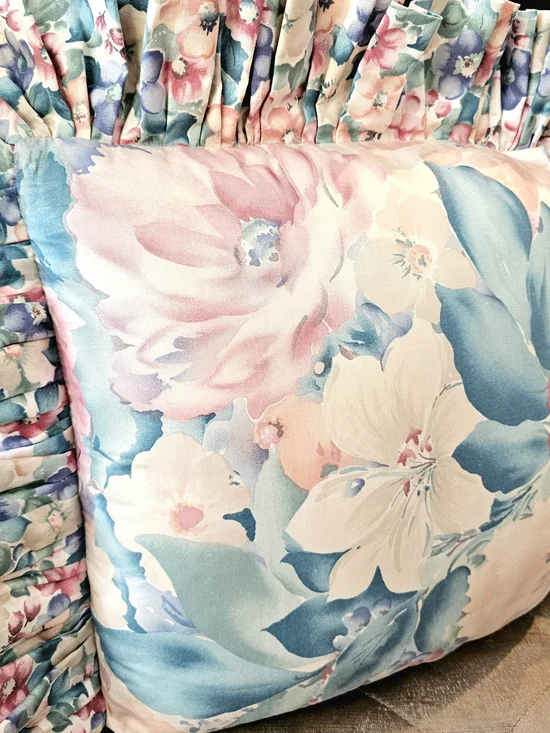 Vintage Floral Ruffled Pillow Sham Pastel Pink Blue Cottagecore Shabby Chic Home