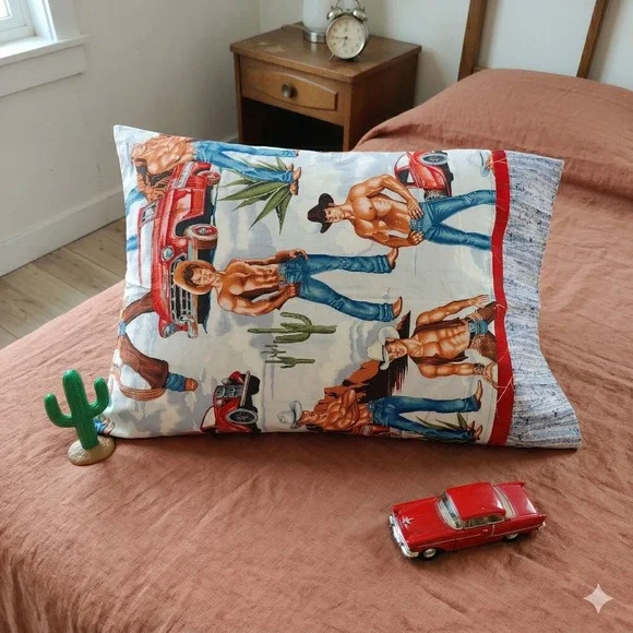 Unbranded Vintage‎ Handmade Pillowcase Multicolor Cowboy Print Kitsch Beefcake
