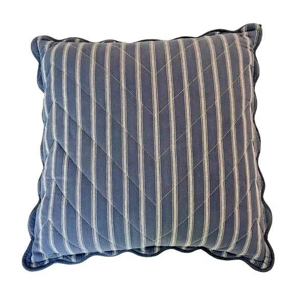 Ralph Lauren 18x18‎  Blue Scalloped Quilt Ticking Stripe Pillow w/Feather Insert