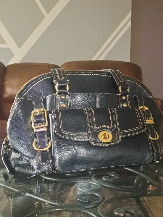 Classic Black Leather Satchel Handbag with Gold Hardware