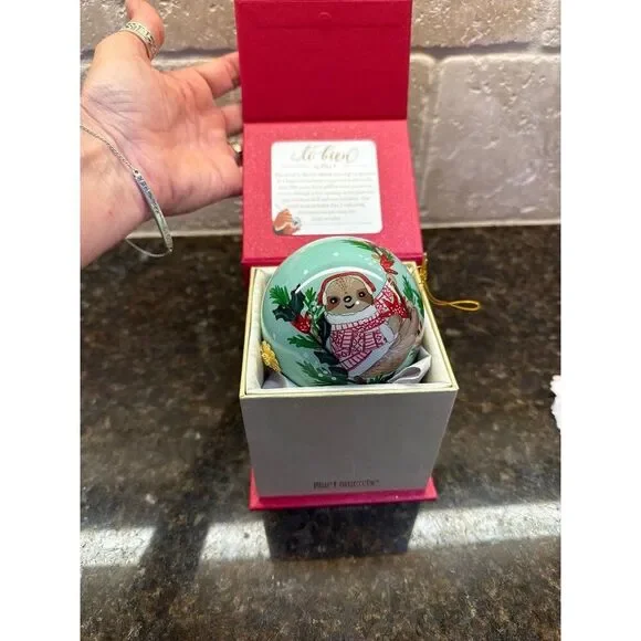2019 Pier 1 Li Bien Hand Painted Glass Christmas Ornament Sloth NIB