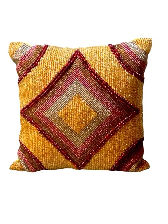 Pier 1 00’s Gold & Burgundy Glass Beaded Aztec Boho-Luxe Throw Pillow 11x11”