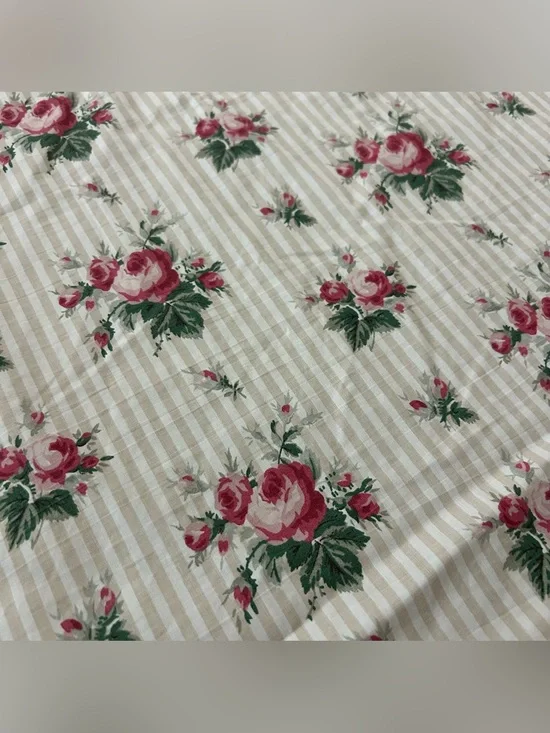 Vintage RALPH LAUREN Marseilles Stripe Queen Fitted Sheet Beige Tan Floral Rose