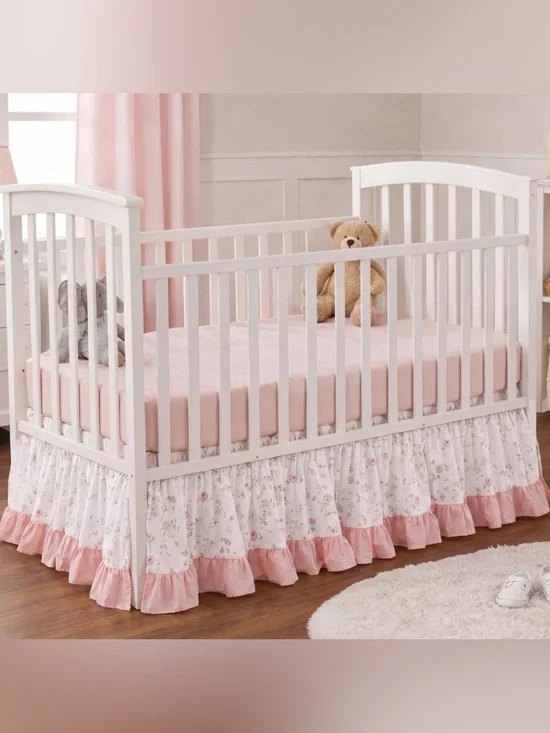 Farmhouse Ruffle Boho Crib Skirt 100% Washed Cotton 14” Drop - PINK FLORAL