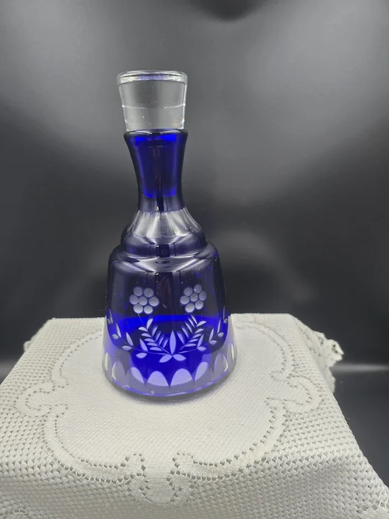 Cobalt Blue Cut Glass Decanter with Etched Floral Motif