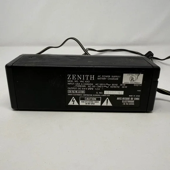 Zenith UNTESTED VAC 420 AC Power Supply Battery Charger 9.6V 1.2A Vintage Video