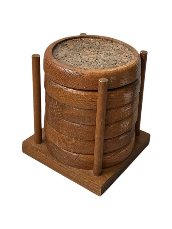 Vintage Wooden Stack Coaster Set with Cork Tops