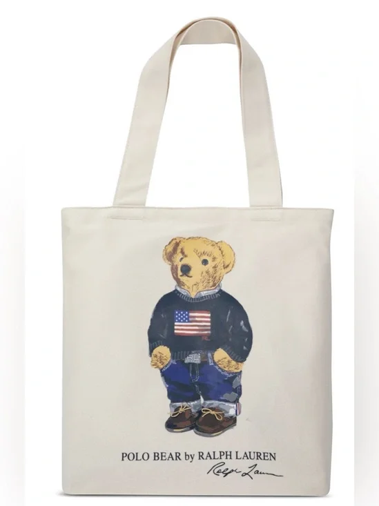 Polo Ralph Lauren Natural FLAG SWEATER BEAR 13.0” Canvas Zip Top Tote Bag