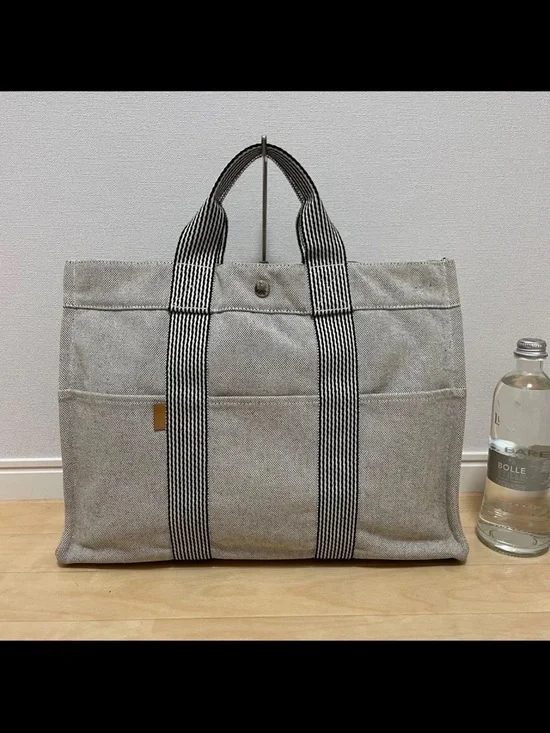 Hermes Gray Canvas Tote with Striped Web Handles