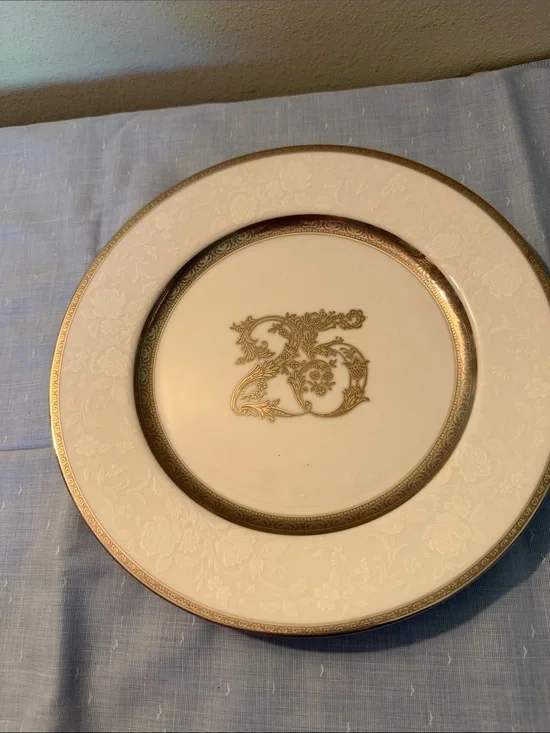 White and Silver Embossed Porcelain 25 Anniversary porcelain Dinner Plate