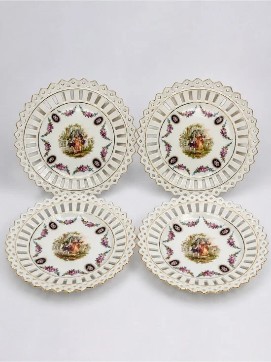 Bavaria Reticulated Porcelain Dessert Plates Set of 4 Gold Trim