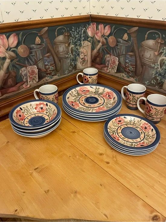 Bali Floral Ceramic Dinnerware Set in Blue, Cream, and Pink - 16 Pieces