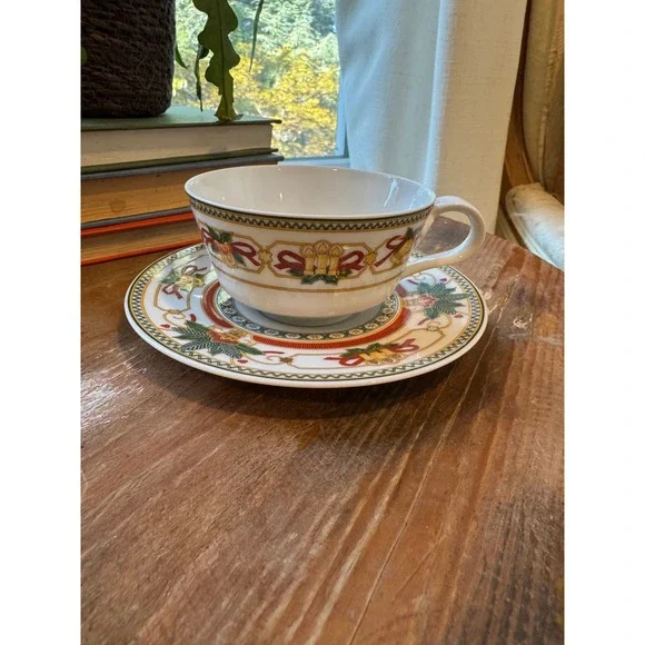 Hutschenreuther Germany Christmas Joy Teacup and Saucer Set Holiday Porcelain