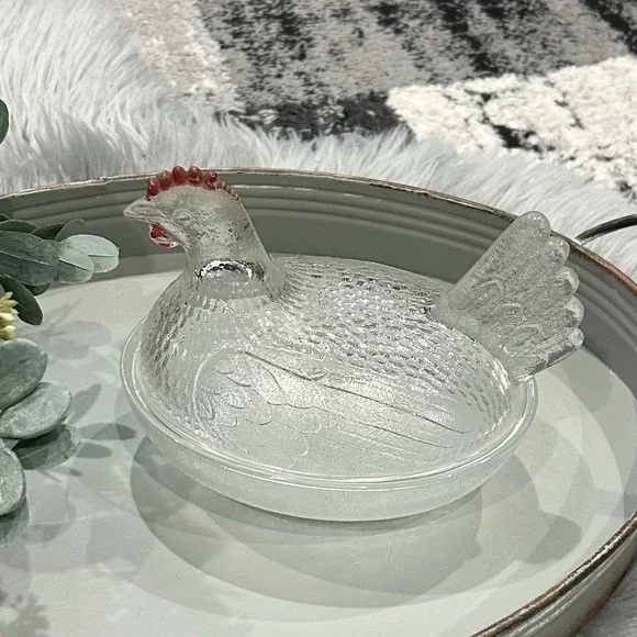 Vintage Clear‎ Hen On A Nest With Red Painted Comb and Wattle - Chicken Decor