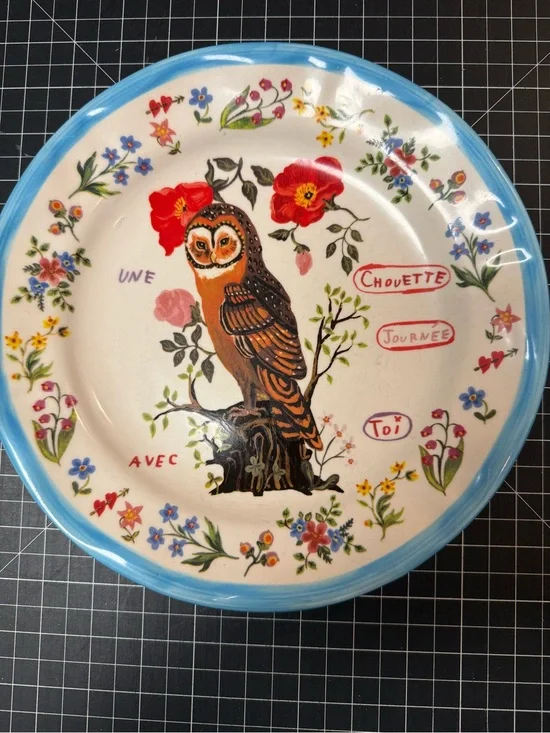 Cute Owl Ceramic Plate - Hand-Illustrated Floral Design- Nathalie Léte- anthro