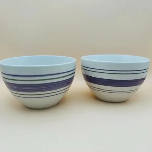 Set of 2 American Atelier Ashby Wineberry Stoneware Bowls Purple Striped Bands