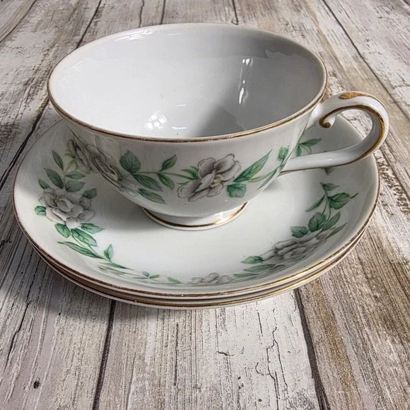 Regal China Virginia Tea Cup and Saucer Set White Floral Gold Trim 3 Piece Japan