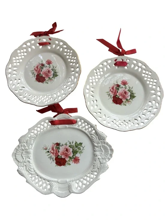 Baum Bros “Amalfi” Porcelain Plate Set – Rose Floral Ribbon Wall Plates Set of 3