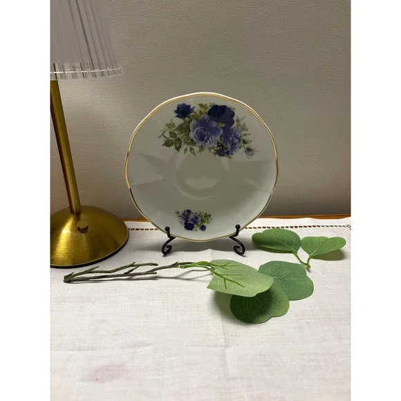 Vintage Blue Rose‎ Porcelain Saucer | Gold Gilded Rim Tea Party Decor
