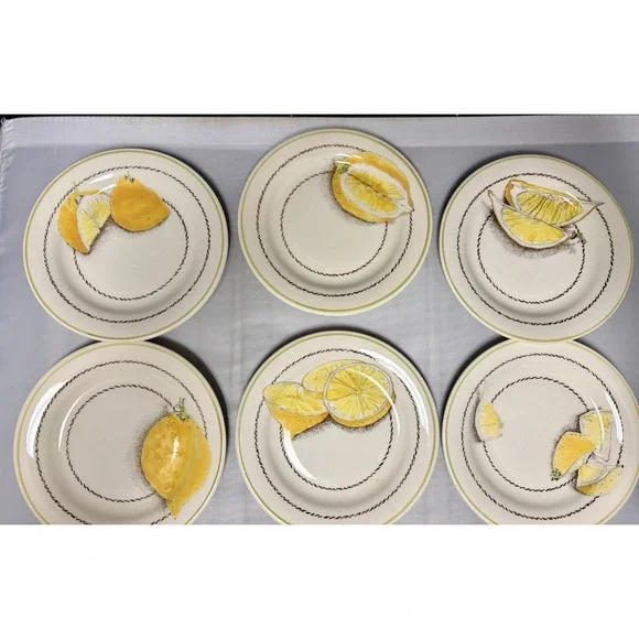 Gien France Vintage Citron Lemon Dessert Plates - Set of 6, 6.75