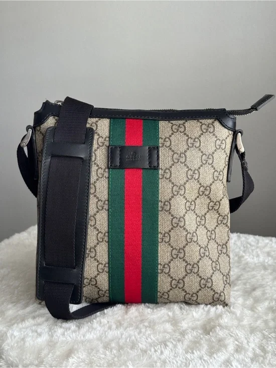 Gucci small Beige GG Canvas Messenger Bag with Green & Red Stripe