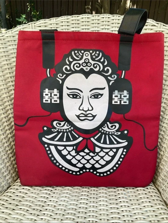 Red Graphic Messenger Tote with Black & White Opera Motif