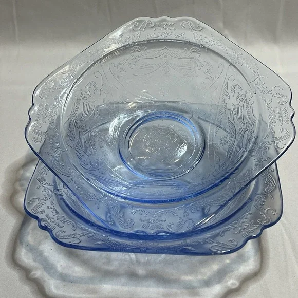 2‎ Vintage Federal Glass Madrid Depression Blue Soup Salad Bowl 6 3/4