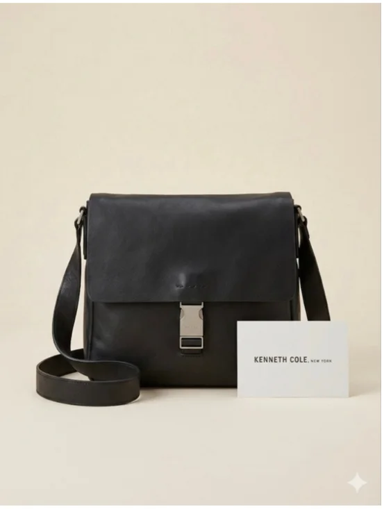 Men's Kenneth Cole Black Leather Messenger Bag One Size