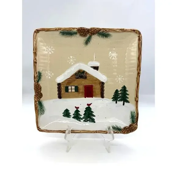 St. Nicholas Square Heartland Square Winter Log Cabin Salad Plate 9,25