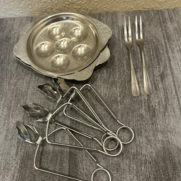 Bloomfield Vintage Escargot Set Stainless Steel Snail Plates Tongs Forks Japan 4