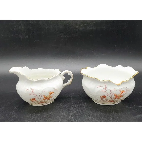 Vintage Embossed Porcelain Creamer & Open Sugar Bowl Set 4