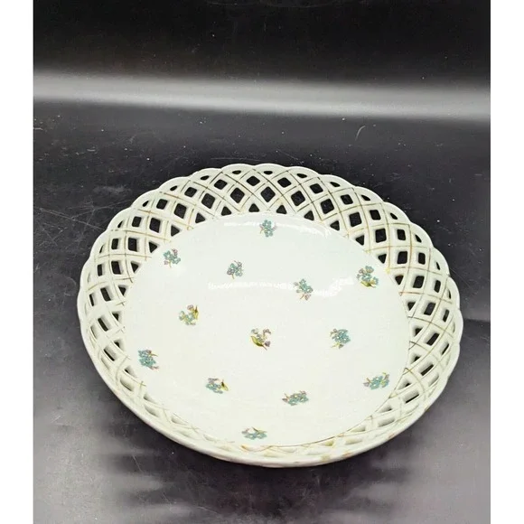 Vintage Pierced Porcelain Floral Pedestal Fruit Console Bowl Flower Floral 9