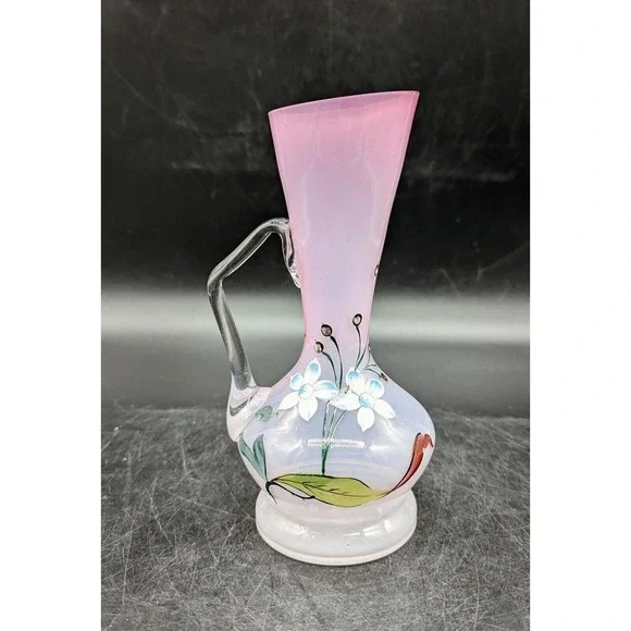 Antique Hand Painted Enameled Victorian Art Glass Pitcher Ewer Pink 6.75