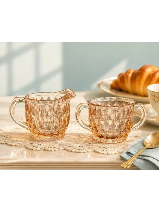 Jeannette Glass 1940s Cream Sugar Set Windsor Diamond Pink Depression Glass