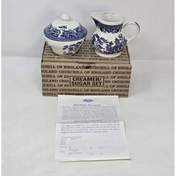 Churchill Blue Willow England Creamer Sugar Bowl Set New in Original Box