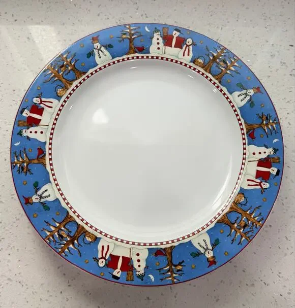 Debbie Mumm Sakura Snowman Dinner Plates 11” Set of 4 Christmas Stoneware